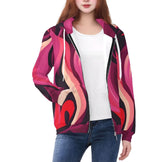Prague vibrant crimson, plum, and red abstract print full zip hoodie. The Airline Series hoodie features a comfortable relaxed fit and kangaroo pocket with a retro chic look. Blissfully Bran